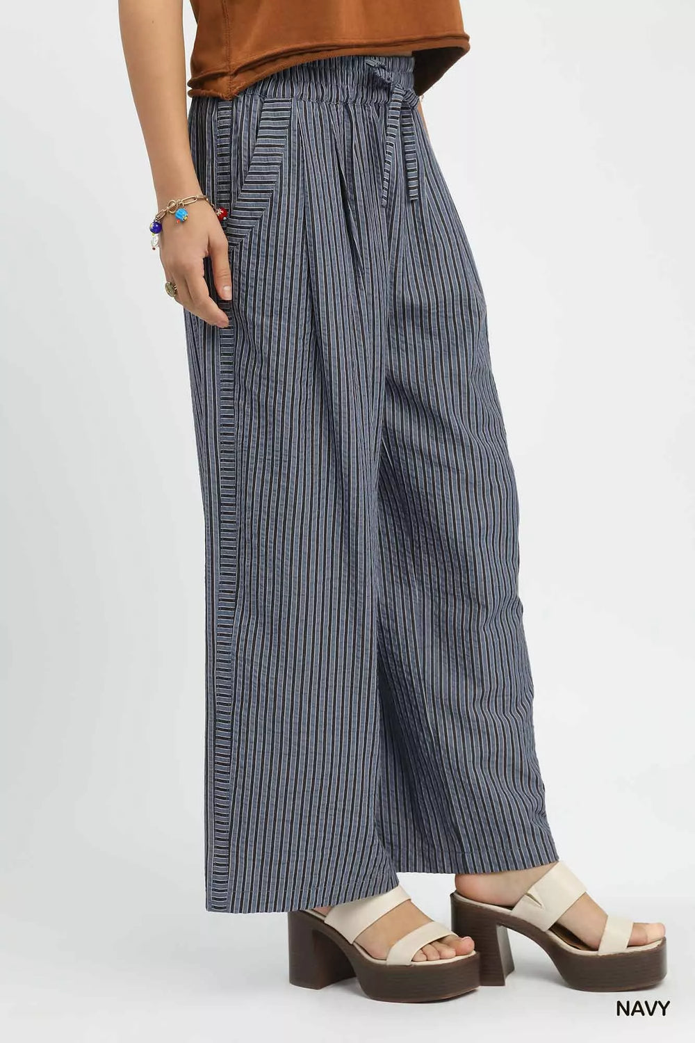 Navy Umgee Drawstring Striped Wide Leg Pants