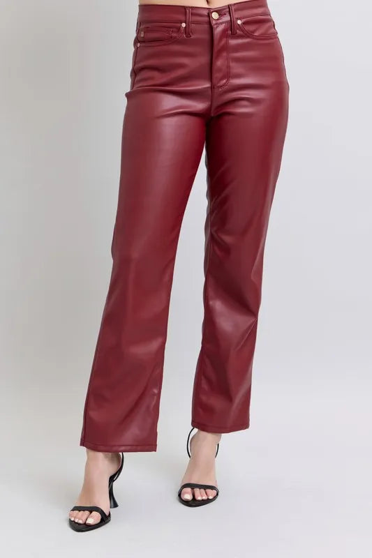 Red Judy Blue Full Size High Waist Tummy Control Faux Leather Straight Pants Plus Size