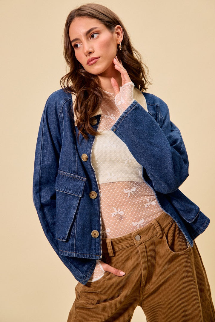 So Me Zip Up And Buttoned Denim Jacket