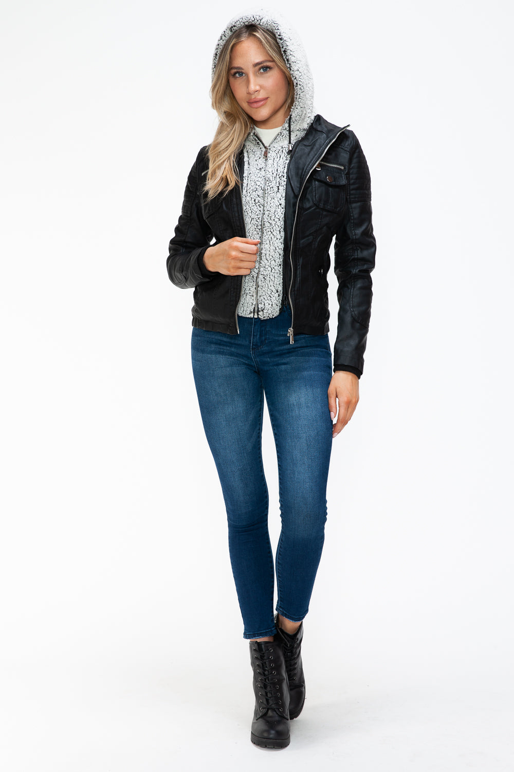 Ymi Removable Faux Layered Multi Pocket Jacket With Fuzzy Hood