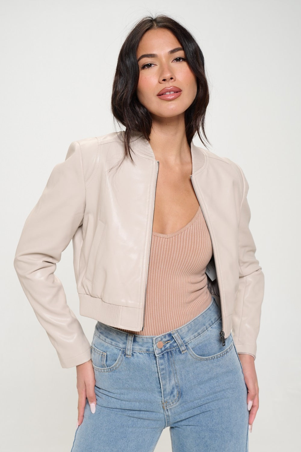 Cream Coalition La Zip Up Cropped Bomber Jacket 1
