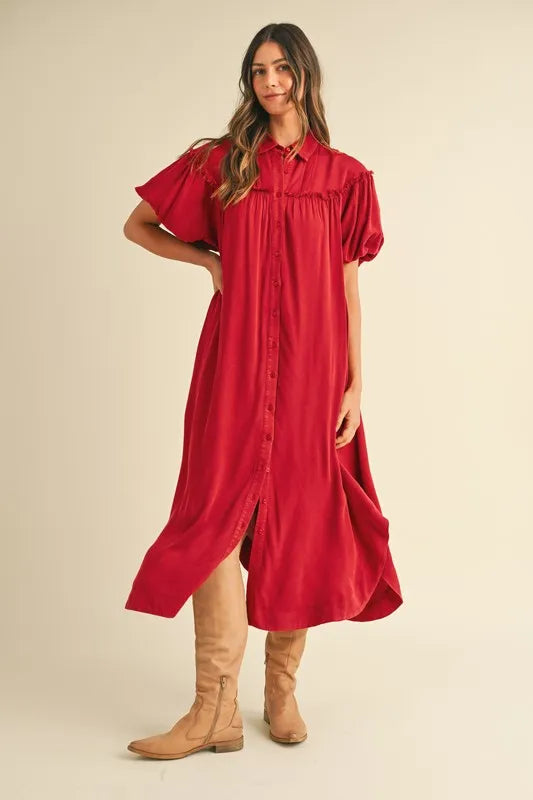 Deep Red Annie Wear Mineral Washed Button Down Puff Sleeve Shirt Dress