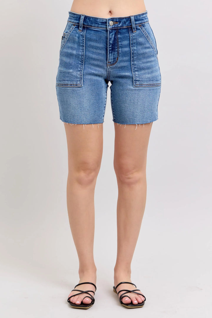 Md Judy Blue Full Size Mid Rise Bermudas Denim Shorts W Back Flap Pockets Plus Size