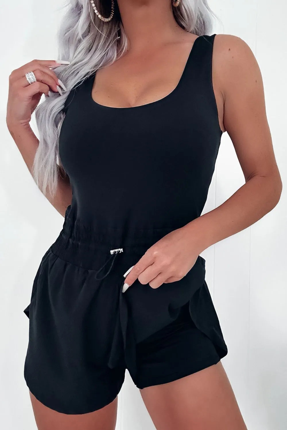 Black Drawstring Waist Scoop Neck Romper