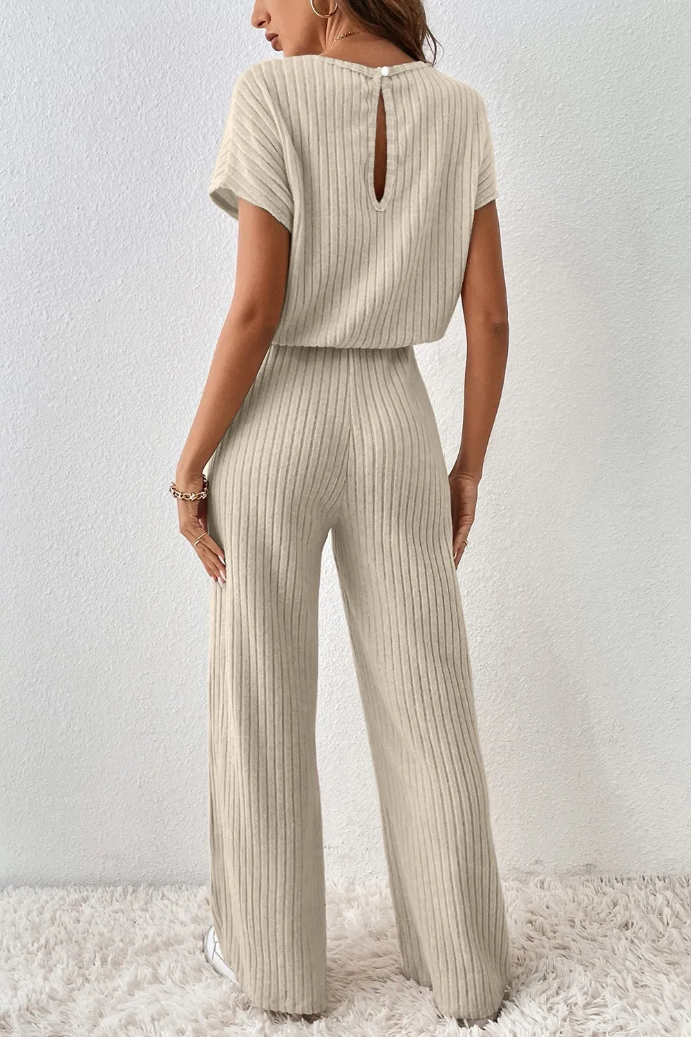 Beige Ribbed Knit Wide Leg Jumpsuit