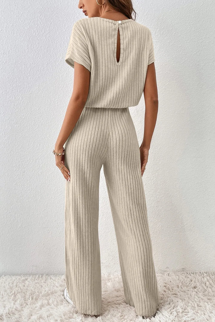 Beige Ribbed Knit Wide Leg Jumpsuit