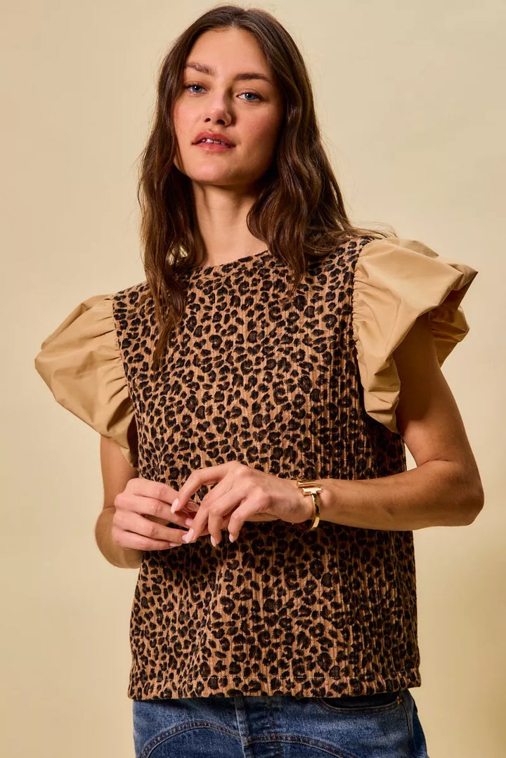 Leopard/Taupe So Me Leopard Pointelle Knit Top With Puff Sleeves