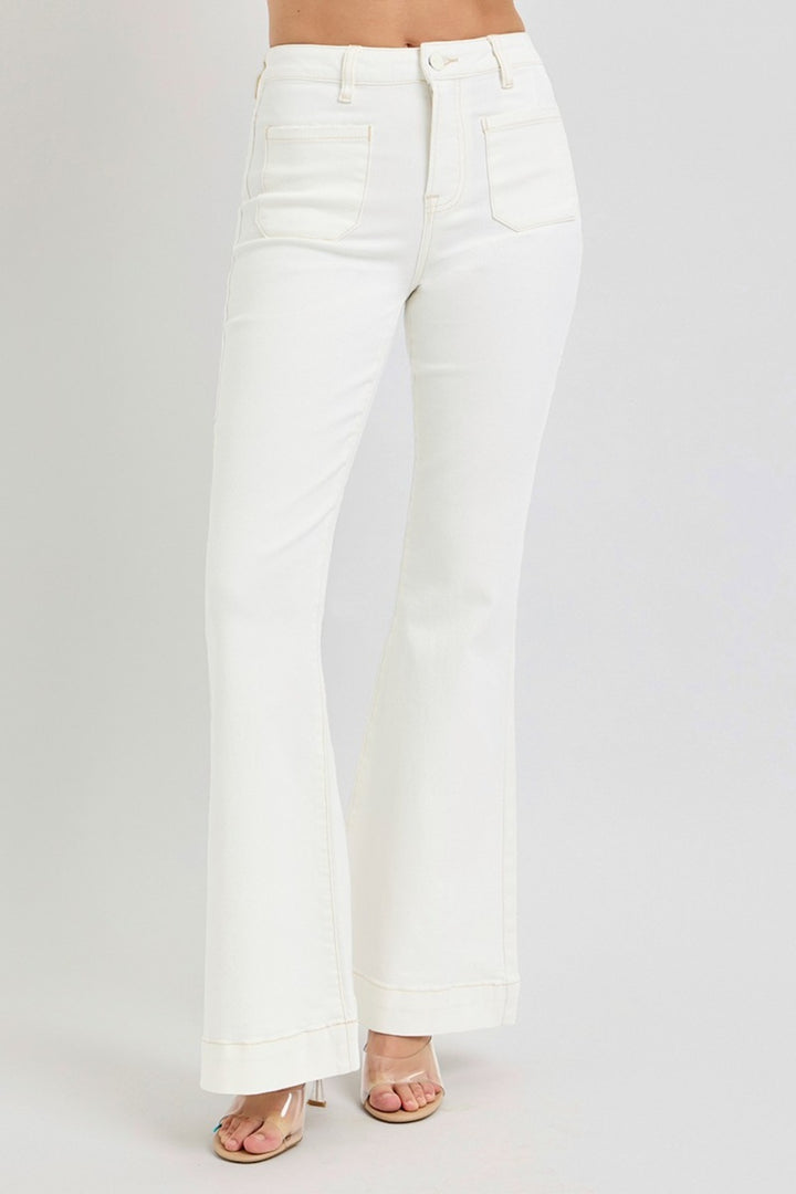 Cream Risen Full Size High Rise Front Patch Pocket Flare Jeans