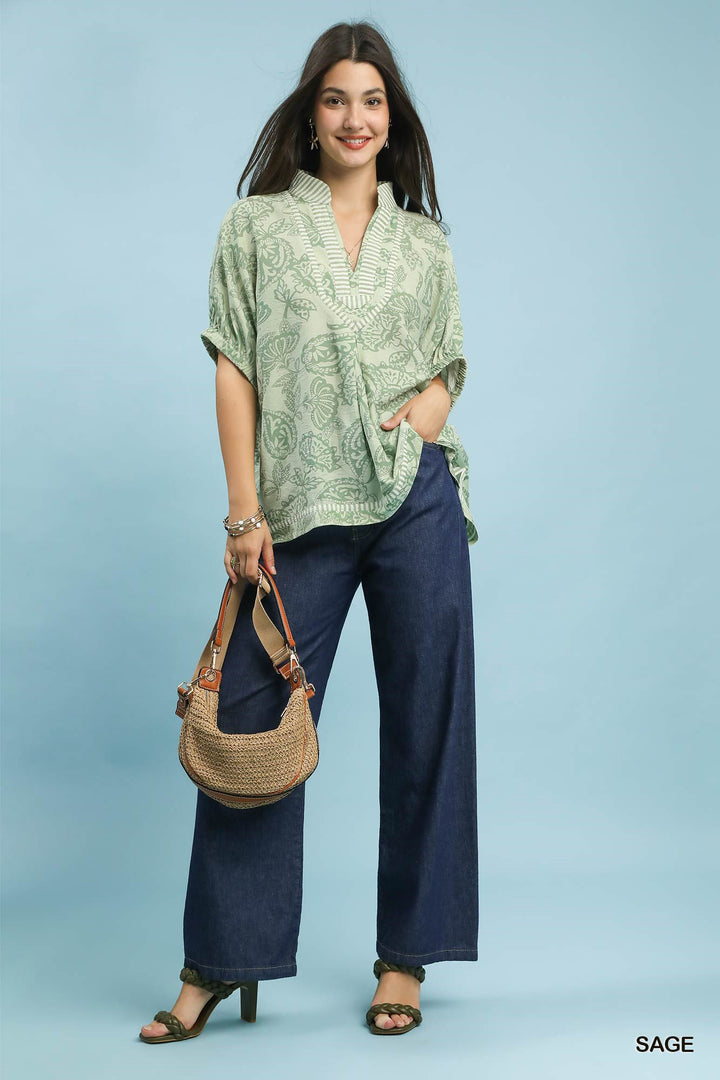 Umgee Botanical Print Mixed Trim Tunic Top 1