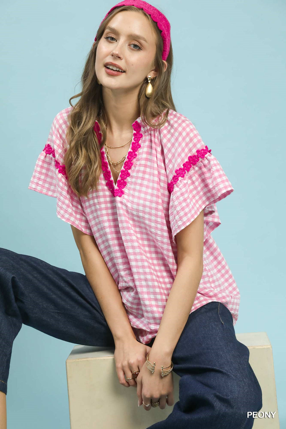 Peony Umgee Gingham Lace Trim Top