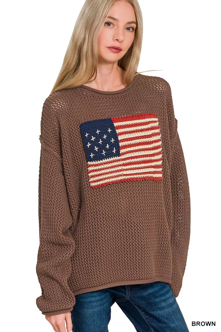 Brown Zenana American Flag Crew Neck Sweater 2