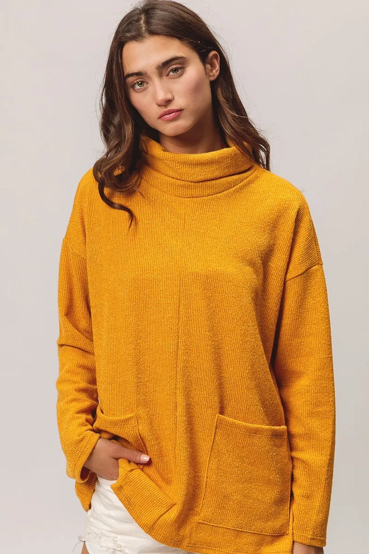 Mustard Bibi Piper Rib Double Pocket Turtle Neck Sweater 1