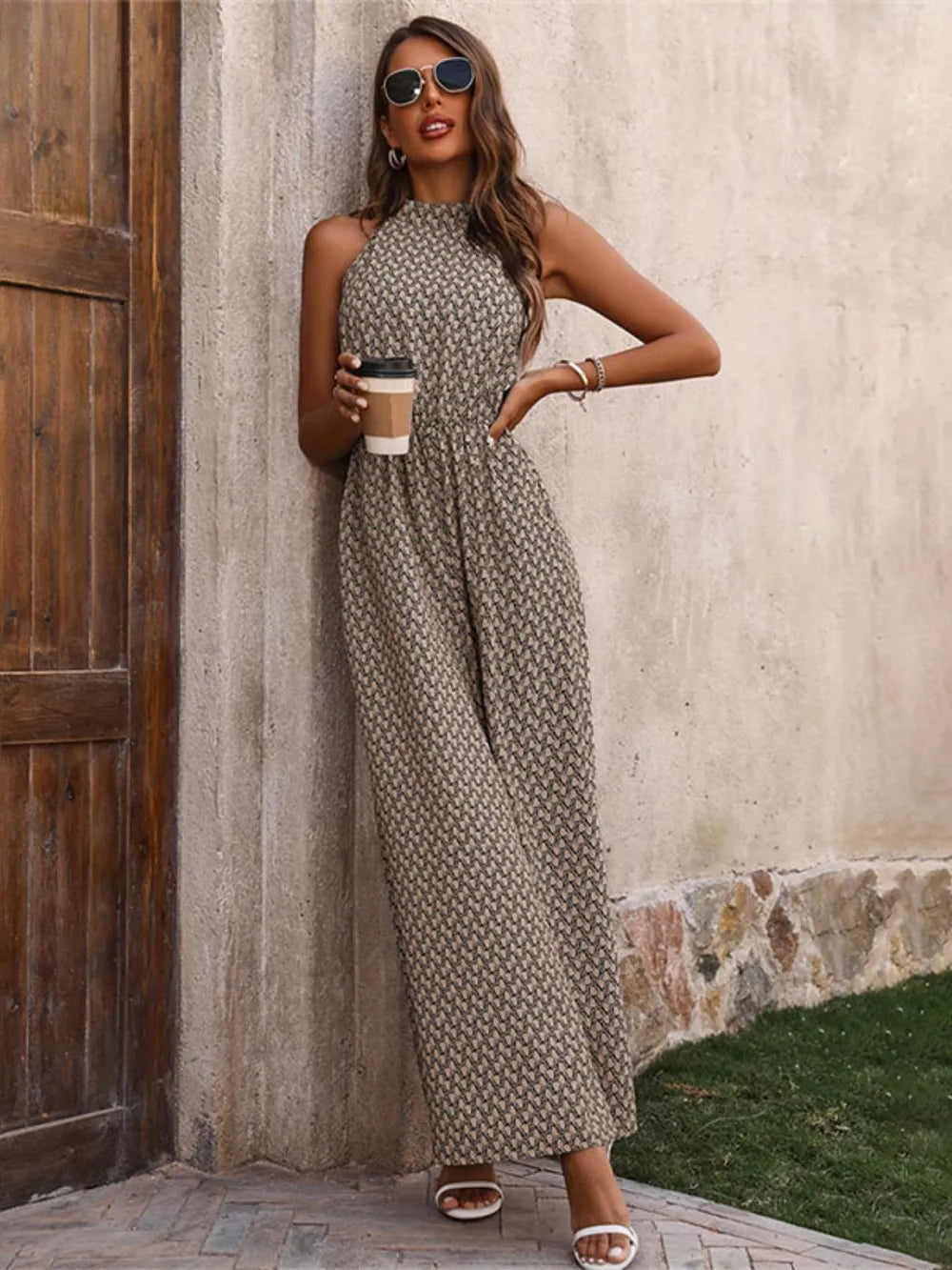 Black Printed Wide Leg Sleeveless Jumpsuit
