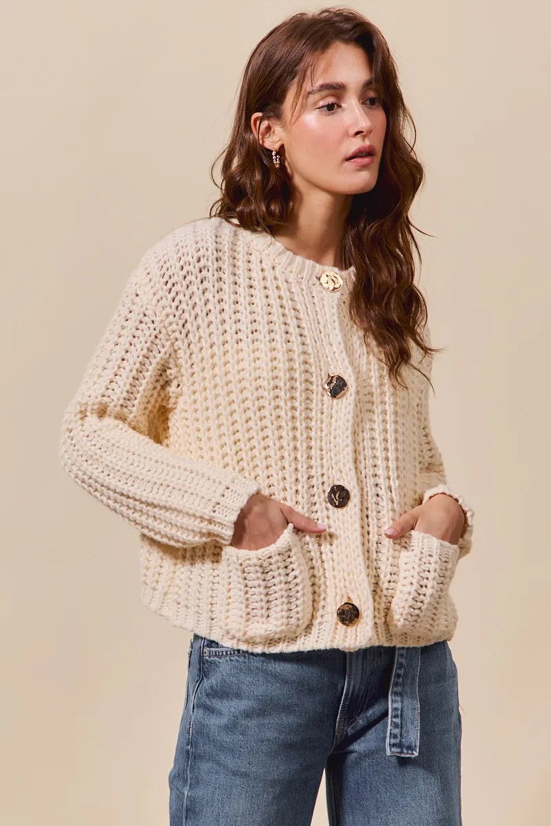 So Me Metal Button Long Sleeve Chunky Sweater Cardigan
