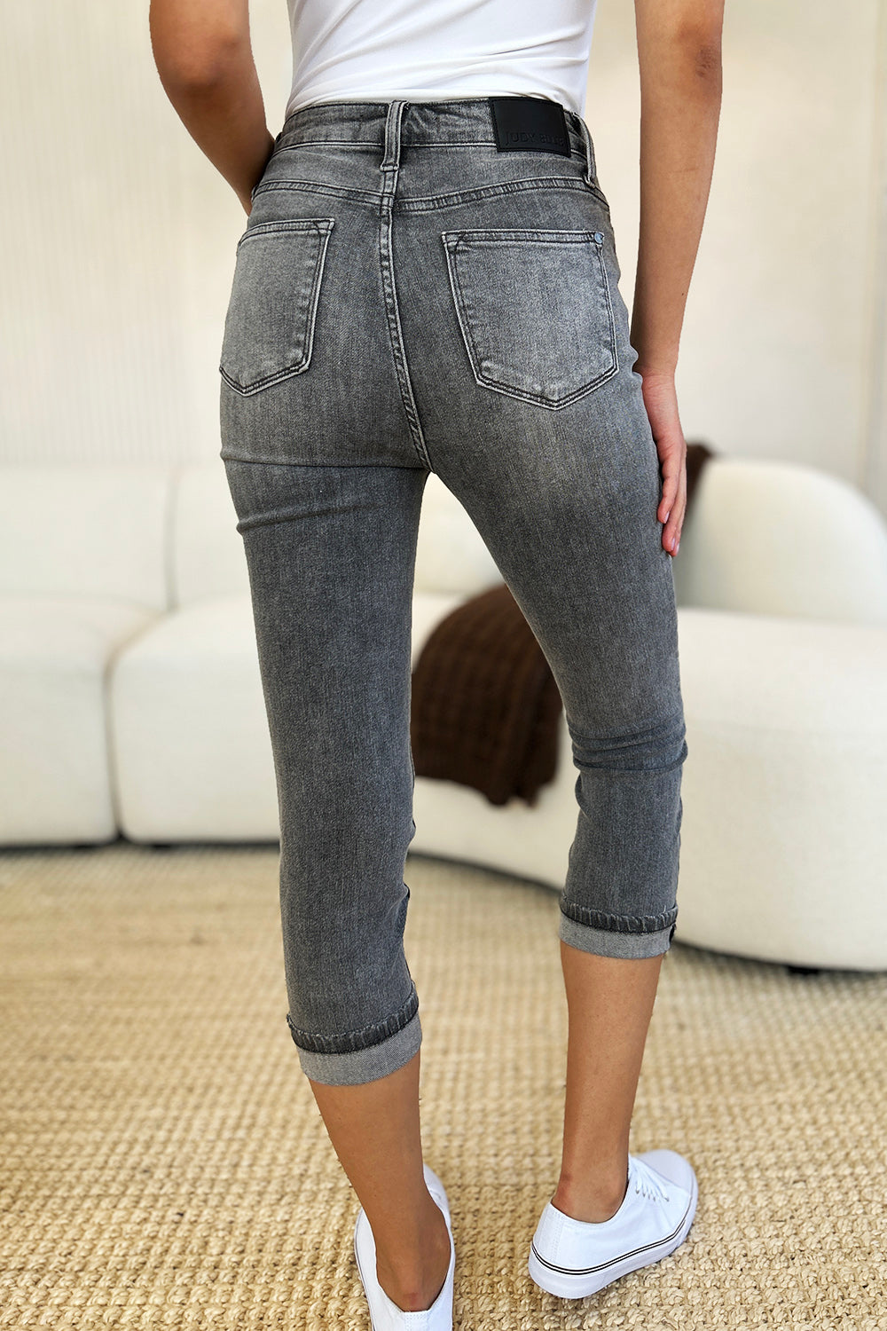 GRAY Judy Blue Full Size Button Fly High Waist Cuffed Capris