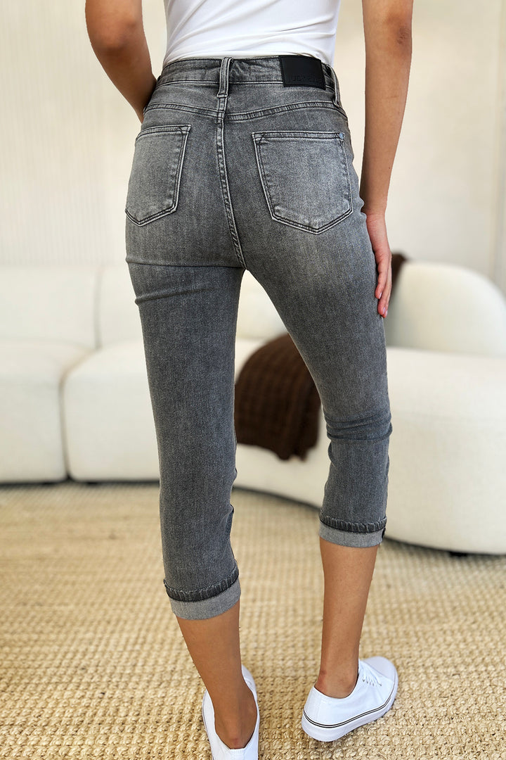 GRAY Judy Blue Full Size Button Fly High Waist Cuffed Capris