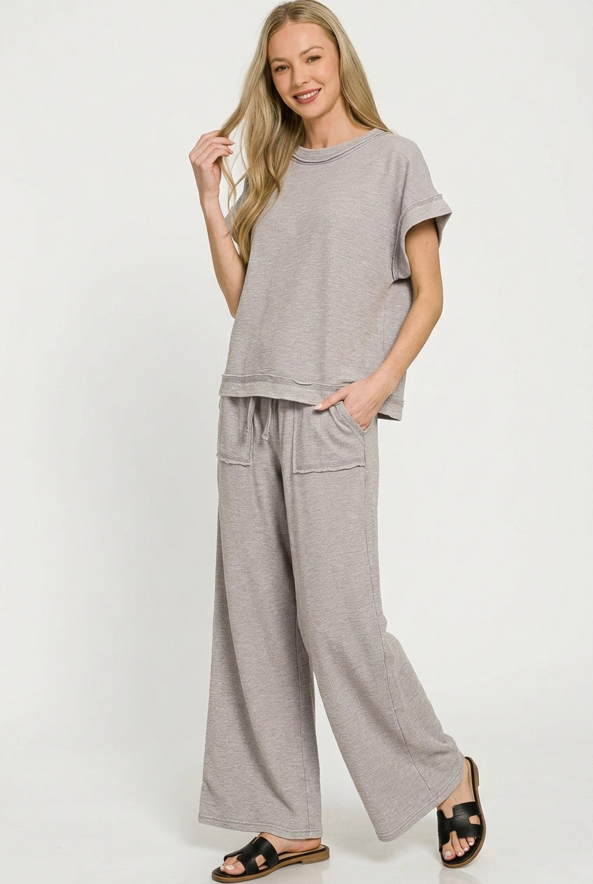 Sleet Zenana Washed Slub Short Sleeve Tee Long Pants Set 3