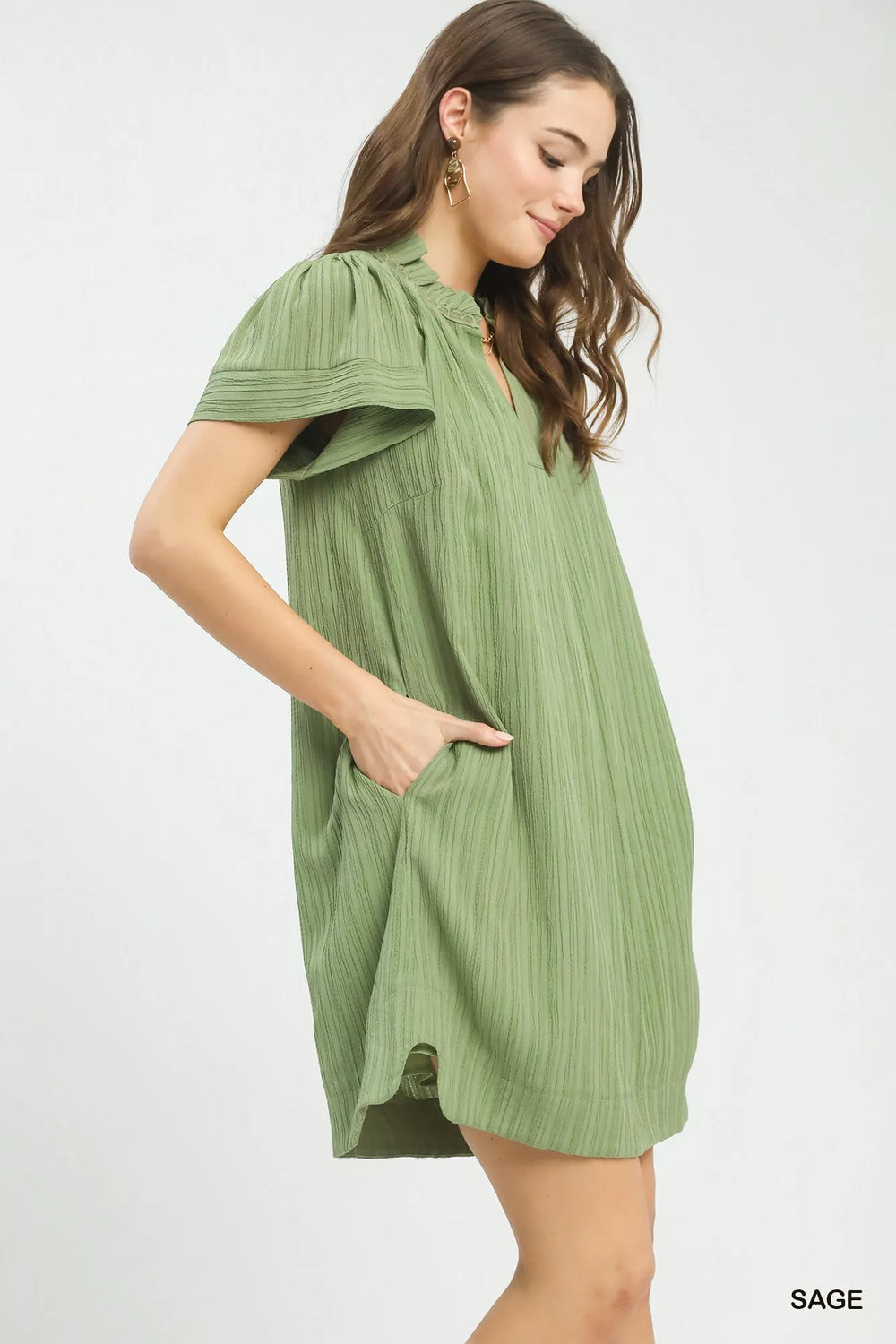 Sage Umgee Flutter Sleeve V Neck Shift Dress