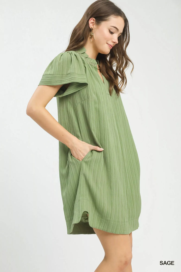 Sage Umgee Flutter Sleeve V Neck Shift Dress