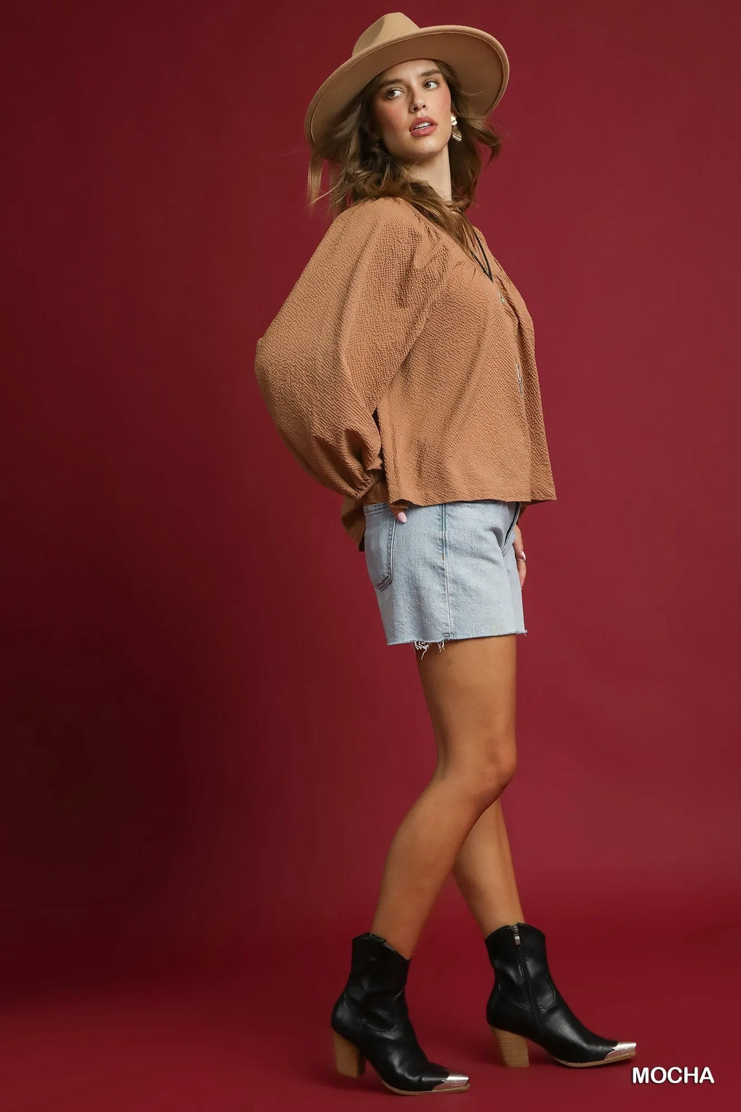 Umgee Textured Notched Blouse With Balloon Sleeves 1