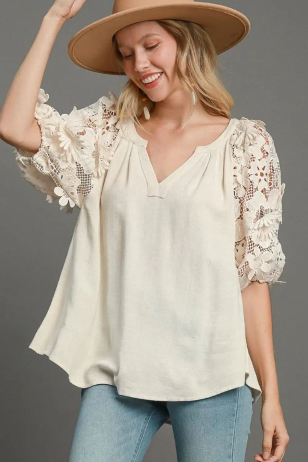 Oatmeal Umgee Full Size French Terry Boxy Cut Top With 3D Floral Sleeve Plus Size