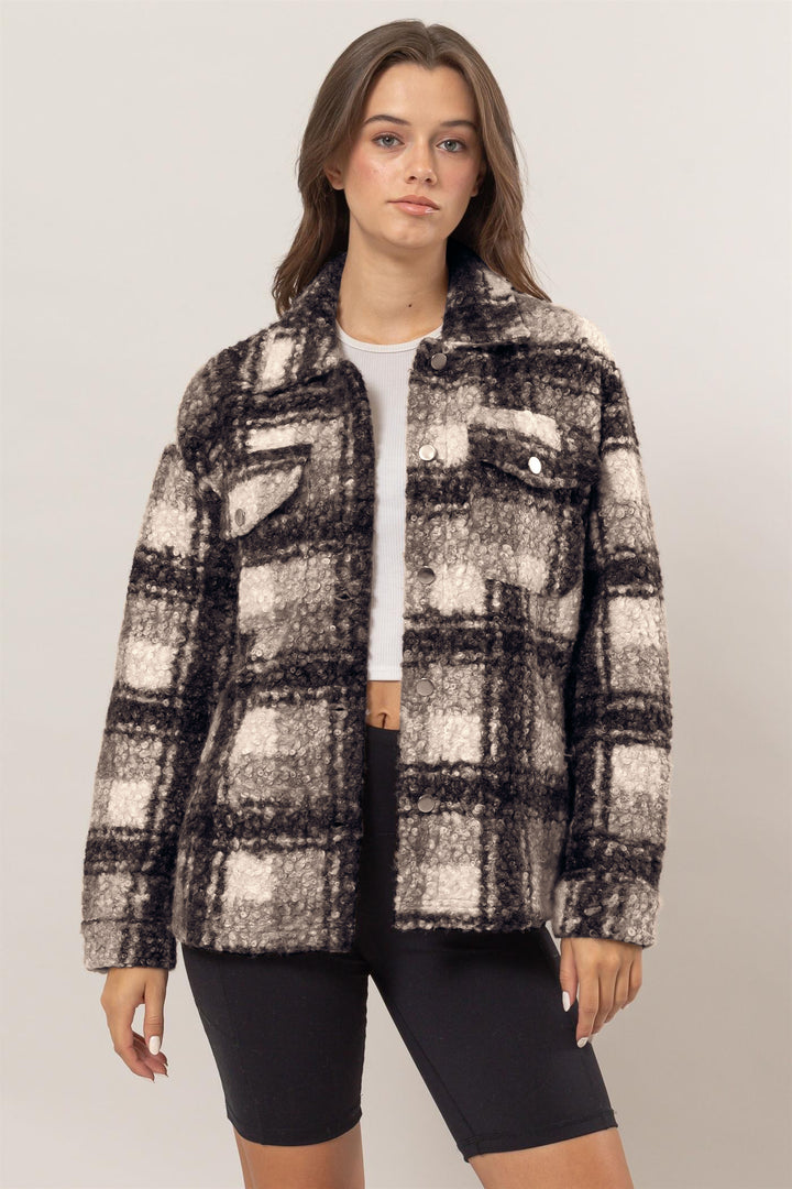 Black Hyfve Plaid Button Up Boucle Jacket