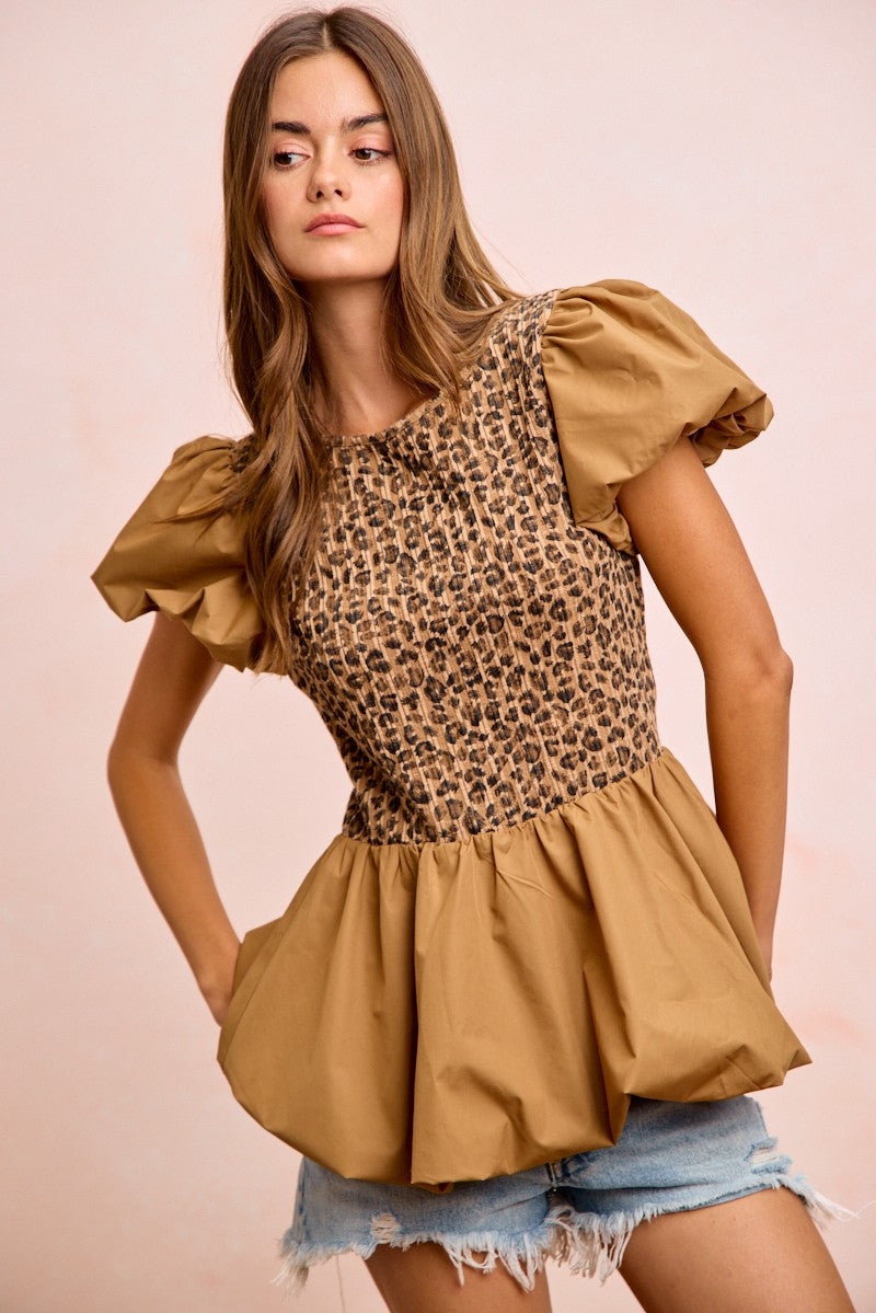 Leopard Bibi Rib Texture Leopard Puff Sleeves Bubble Peplum Top