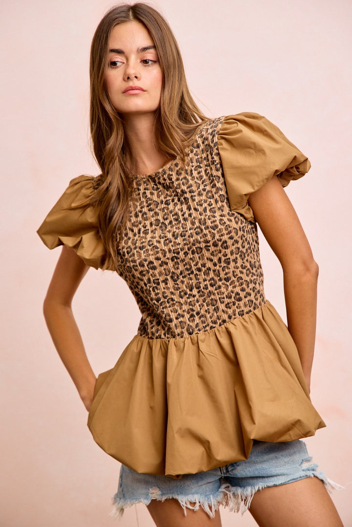Leopard Bibi Rib Texture Leopard Puff Sleeves Bubble Peplum Top