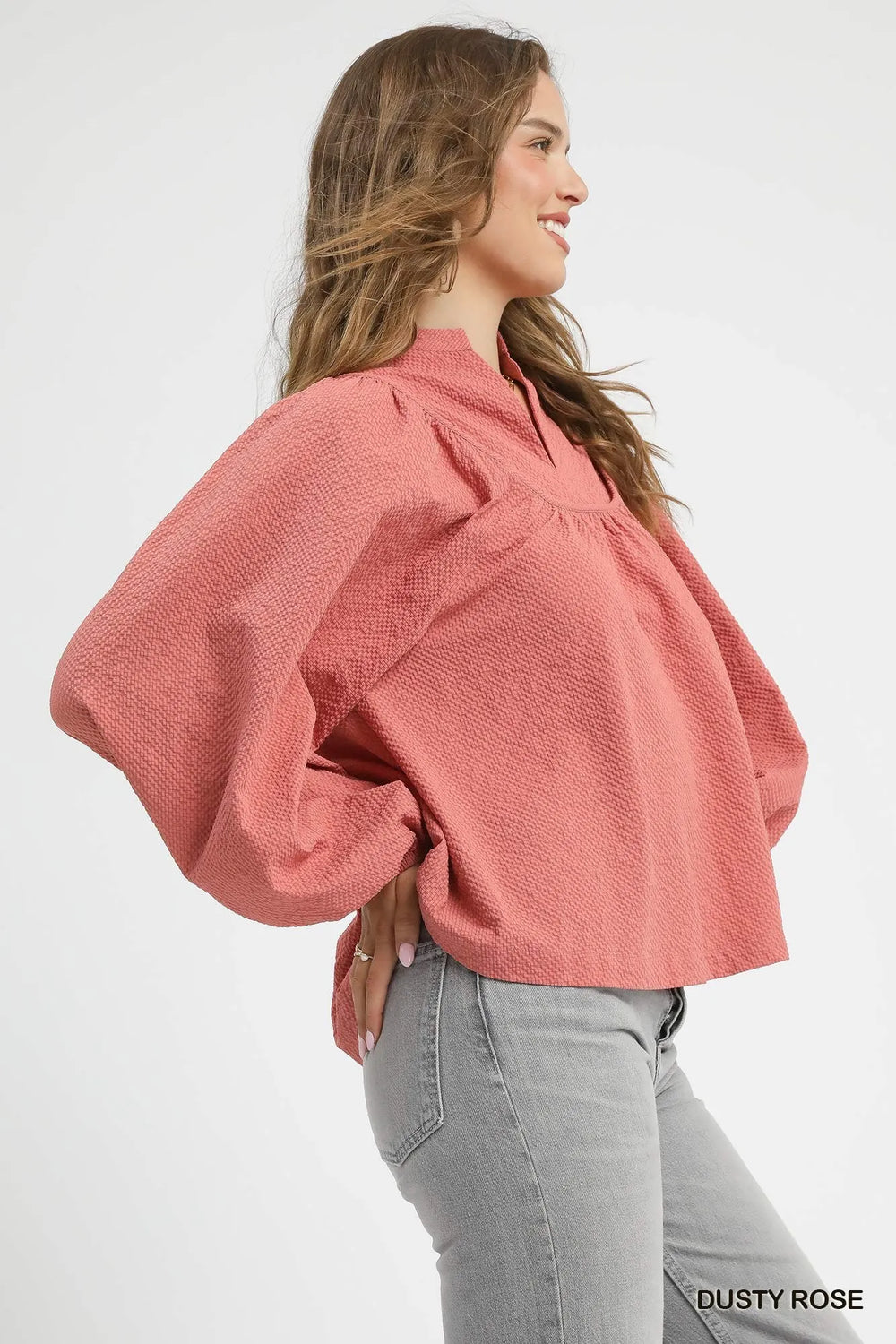 Dusty Rose Umgee Textured Notched Blouse With Balloon Sleeves