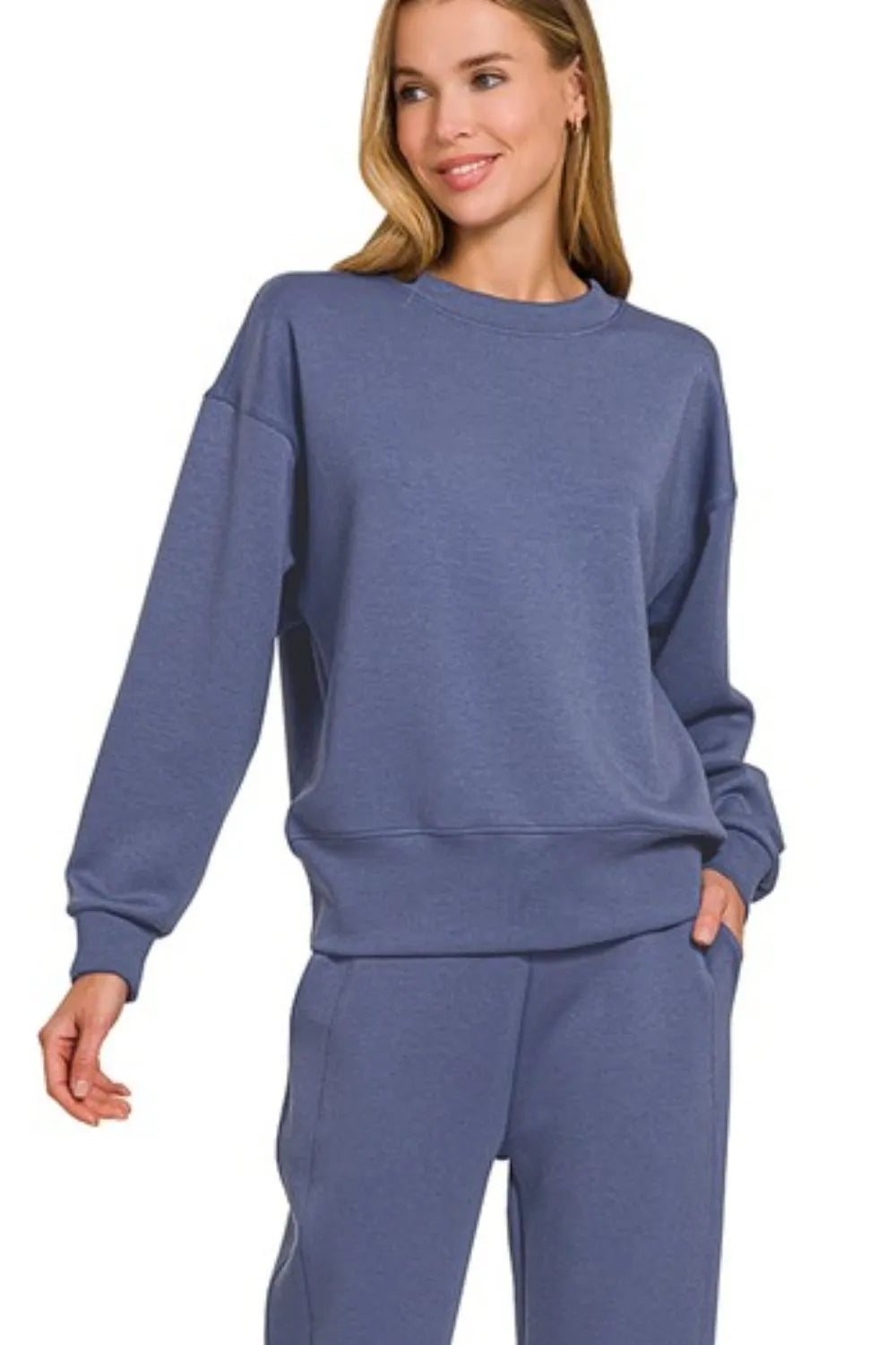 Blue Indigo Zenana Scuba Crewneck Pullover Joggers 2 Pieces Set 1