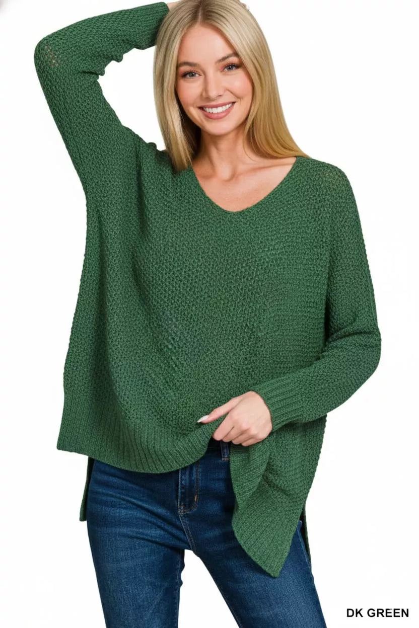 Dk Green Zenana Dolman Sleeve V Neck Sweater