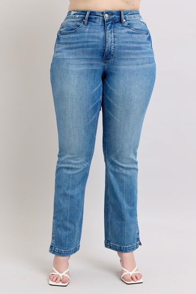 Medium Judy Blue Hw Tummy Control Vintage Wash Side Slit Slim Boot Jeans