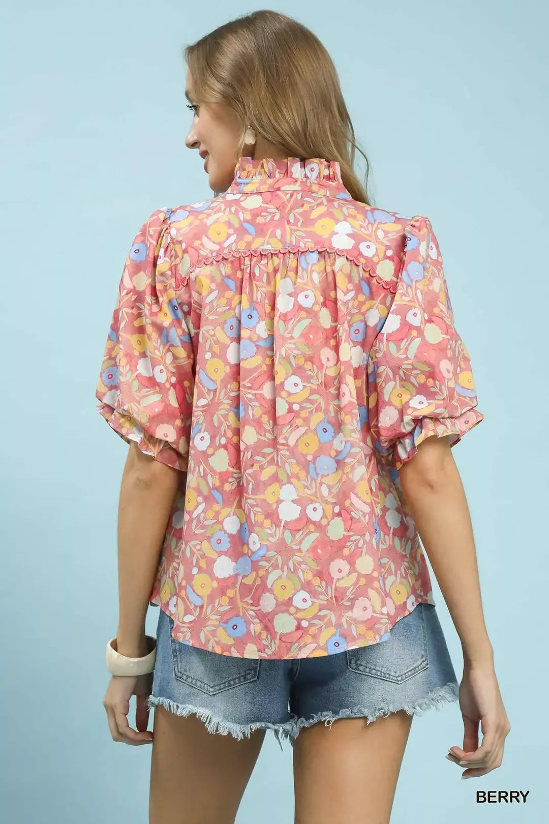 Umgee Smocked Floral Ruffle Trim Top 1