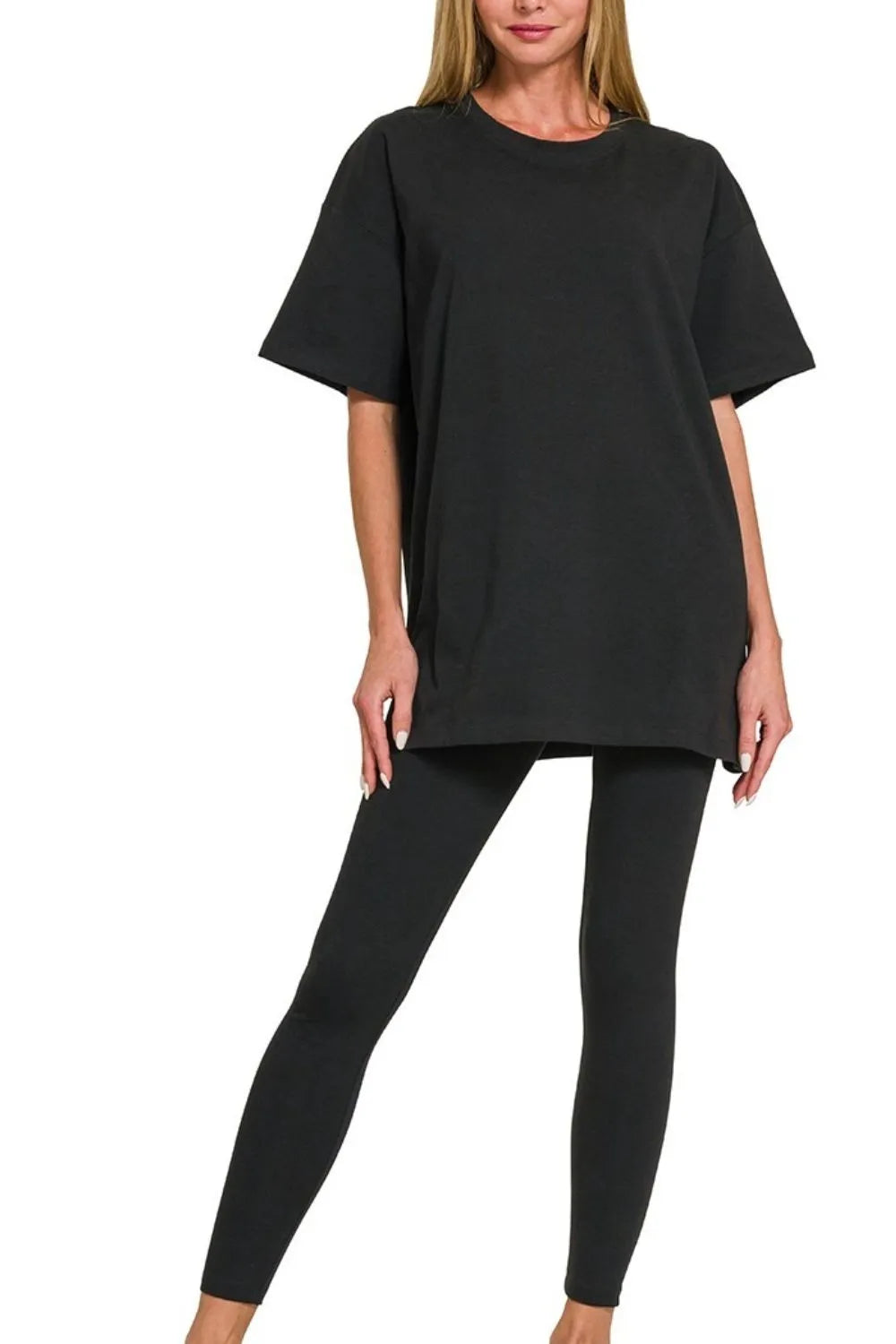 Black Zenana Cotton Round Neck Top Legging Set 4