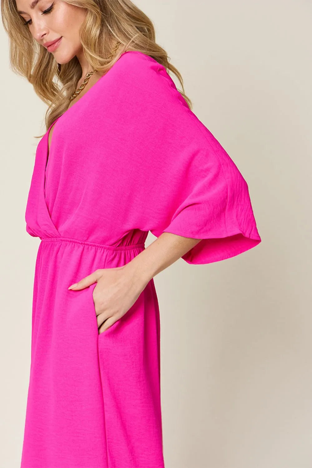 Hot Pink Double Take Full Size Surplice Wide Leg Jumpsuit With Pockets