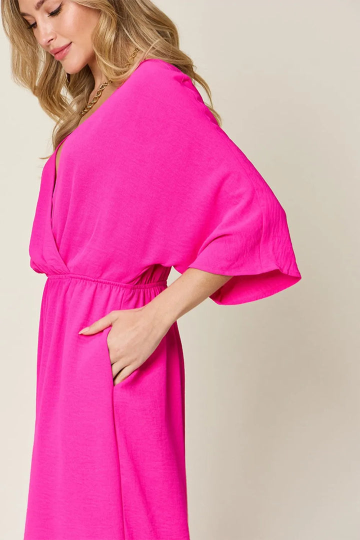 Hot Pink Double Take Full Size Surplice Wide Leg Jumpsuit With Pockets