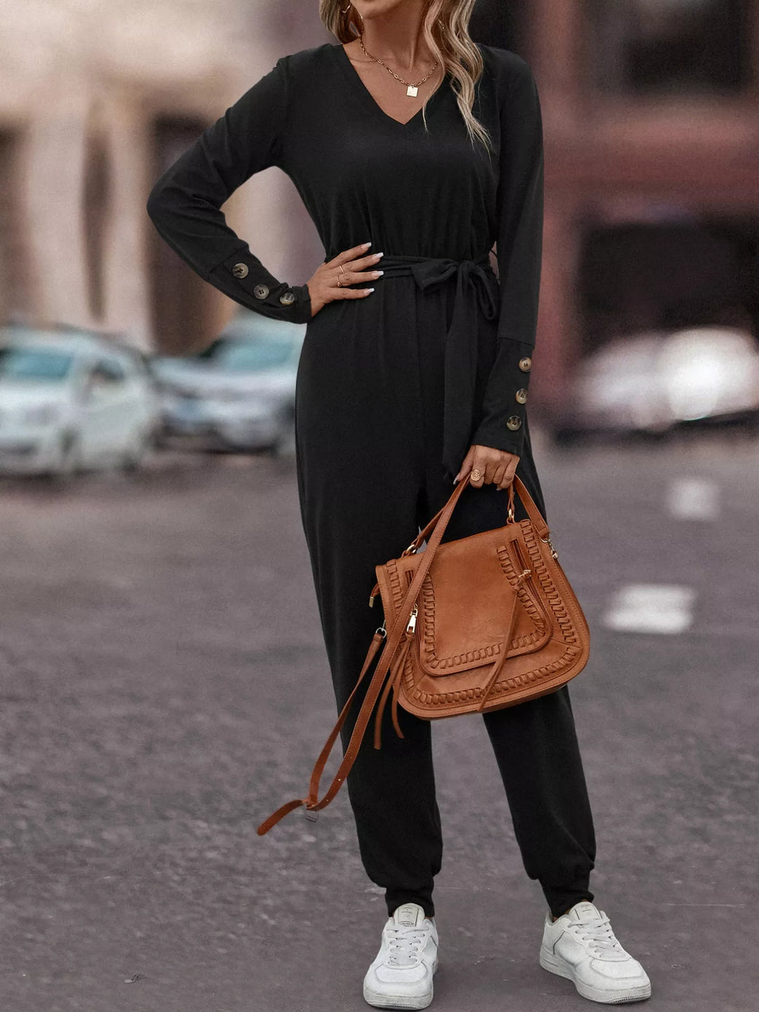 Black V Neck Long Sleeve Tie Waist Jumpsuit