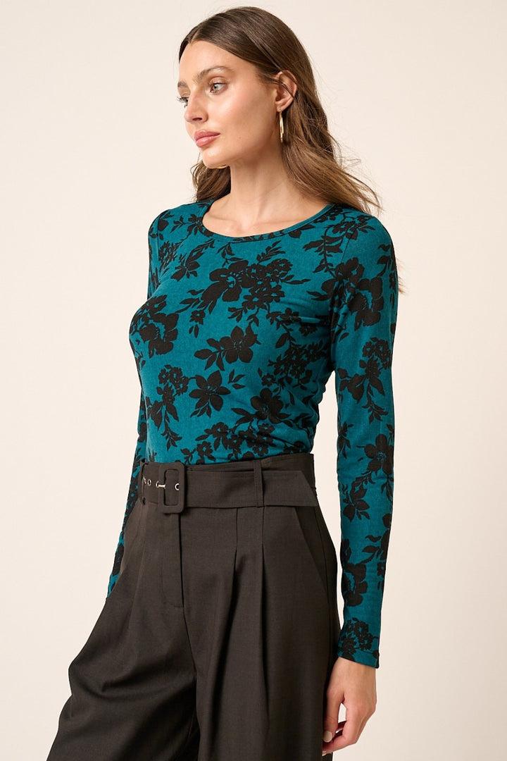 Teal Mittoshop Flower Print Long Sleeve Knit Top
