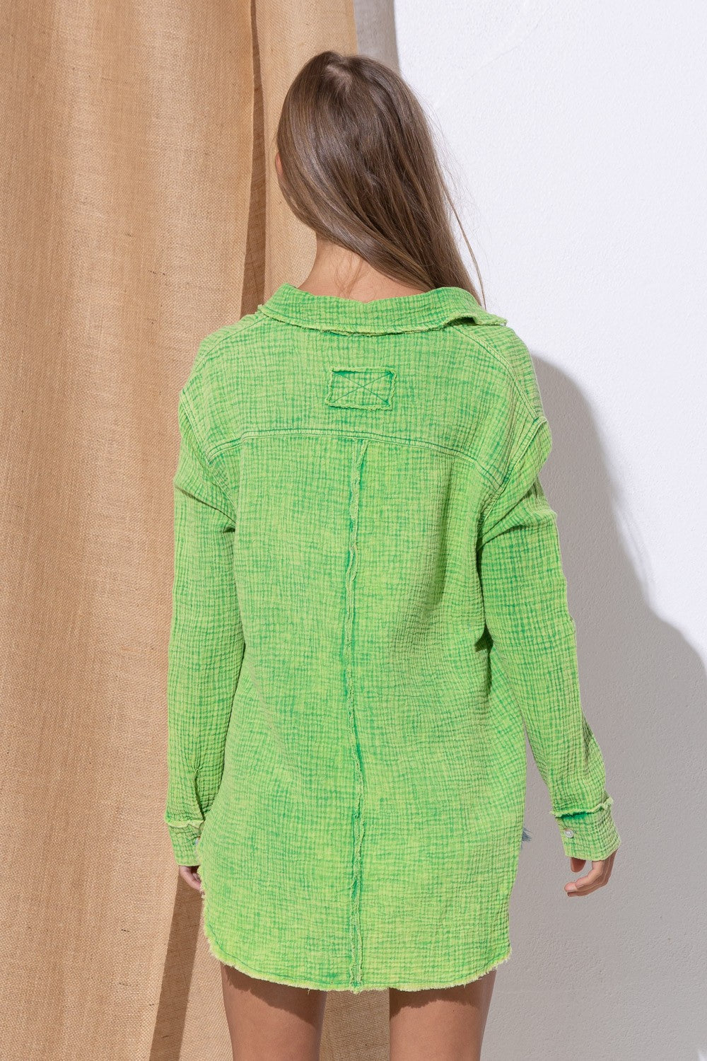Kelly Green Washing Wrinkled Gauze Button Down Shirt With Roug