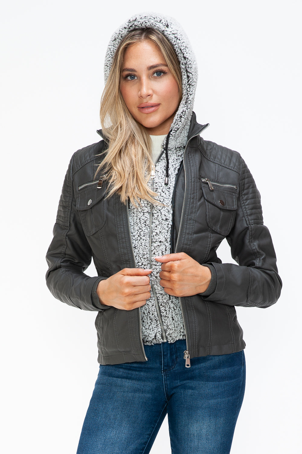 Ymi Removable Faux Layered Multi Pocket Jacket With Fuzzy Hood 1