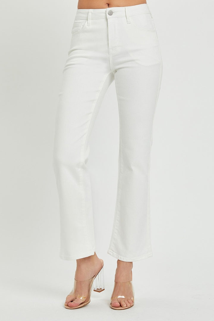 White Risen Full Size Mid Rise Bootcut Jeans With Pockets