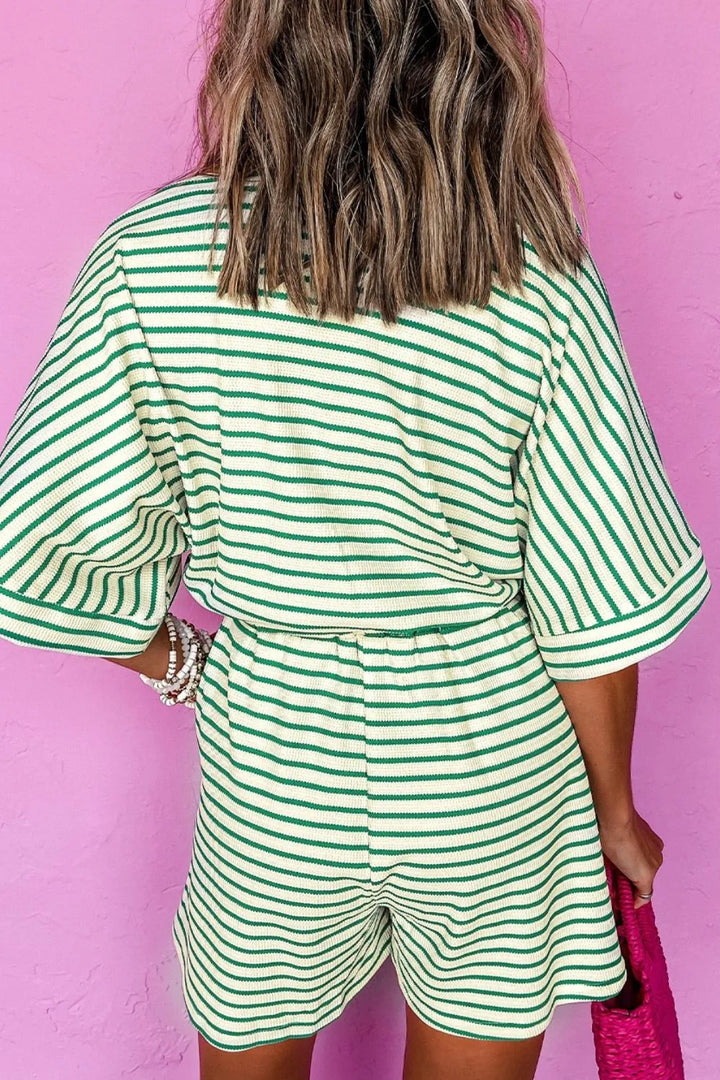Green Striped Half Sleeve Tie Waist Romper