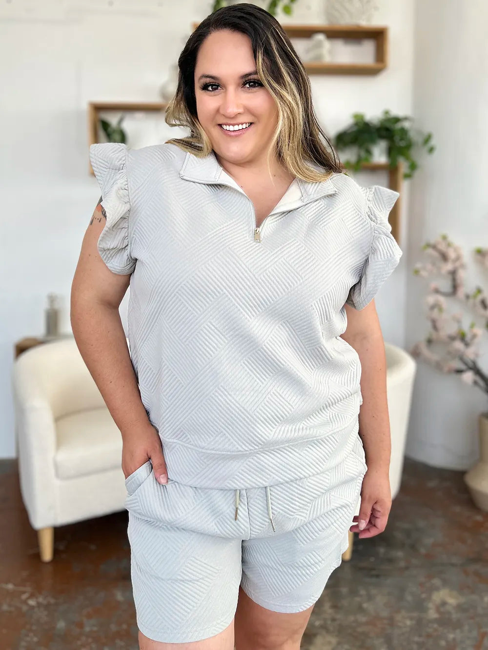 Light Gray Double Take Full Size Texture Flounce Sleeve Top And Drawstring Shorts Set 1