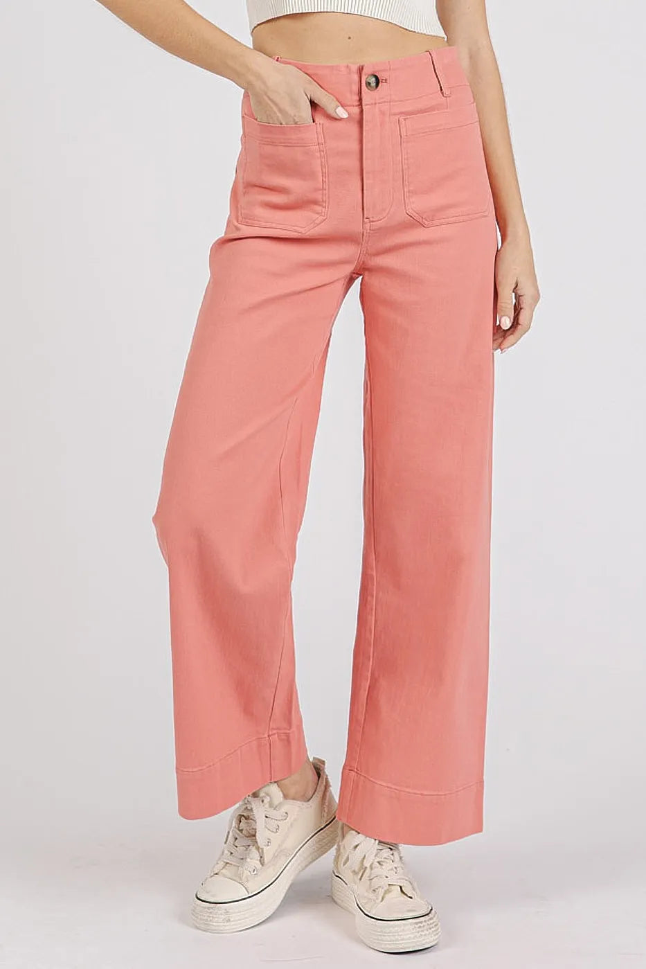 Coral Pink Mittoshop Twill Patch Pocket High Rise Wide Leg Pants 1