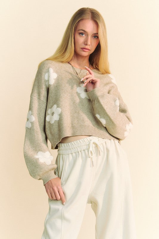 Tan Davi Dani Floral Drop Shoulder Cropped Sweater
