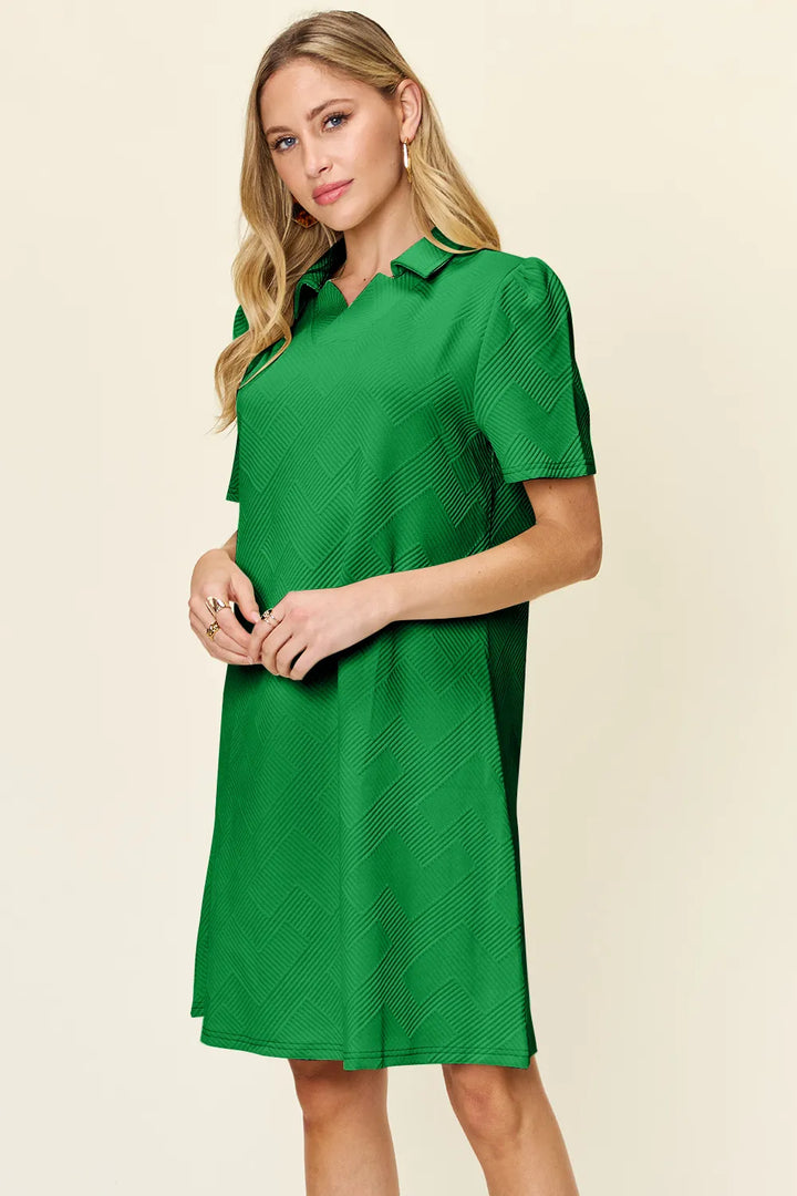 Mid Green Double Take Full Size Texture Collared Neck Short Sleeve Dress