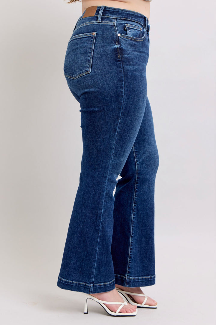 Dark Judy Blue Full Size High Rise Flare Jeans With Pockets Plus Size