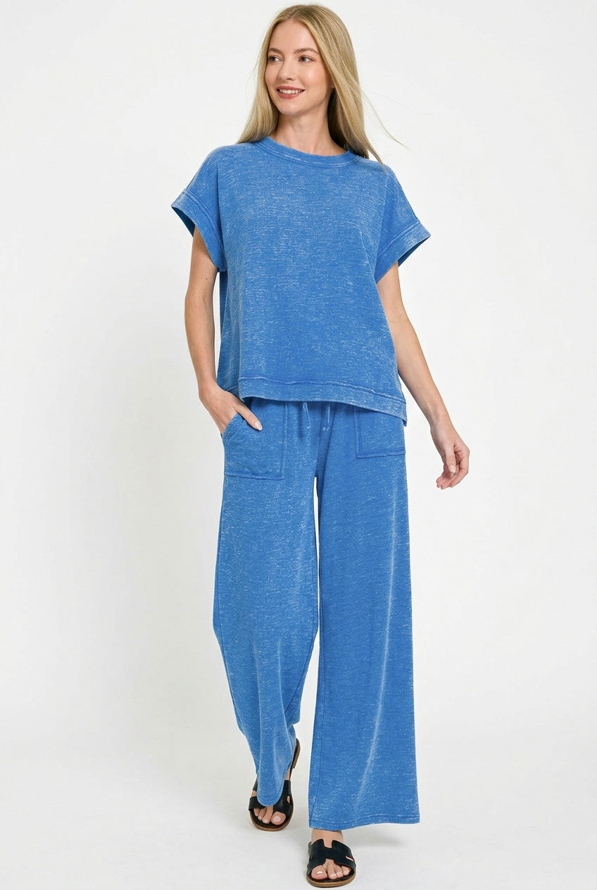 Ocean Blue Zenana Washed Slub Short Sleeve Tee Long Pants Set 2
