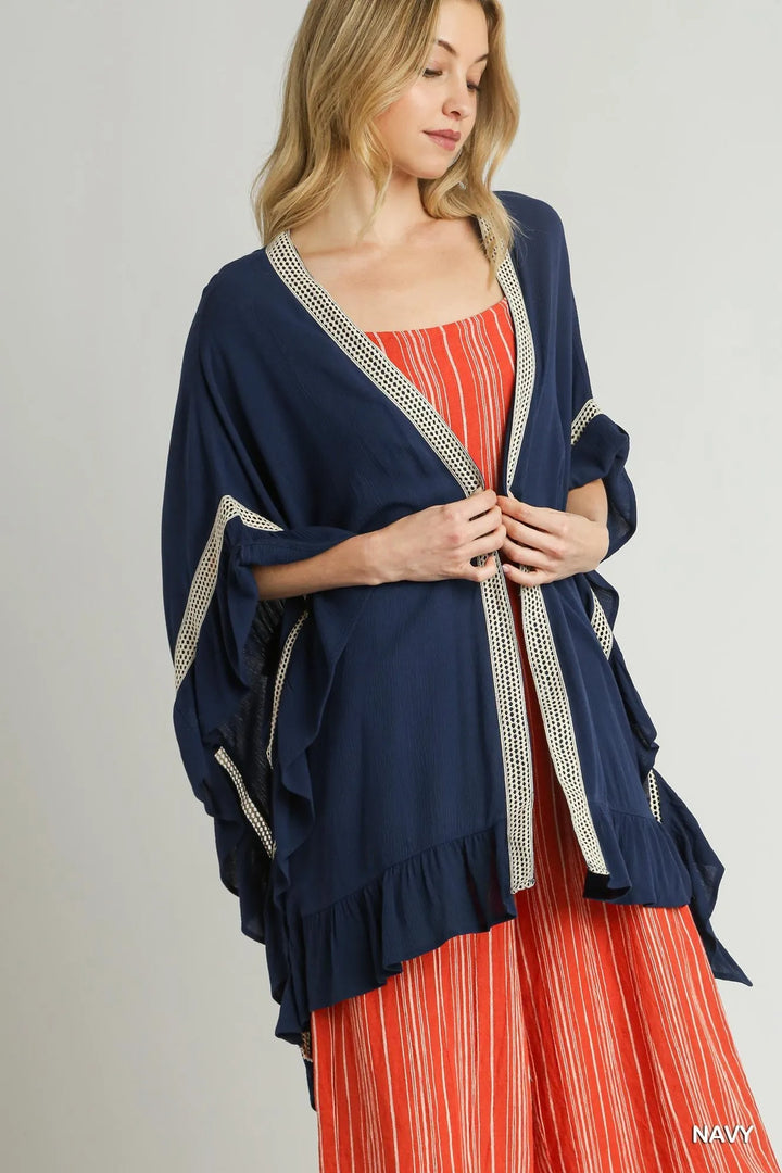 Navy Umgee Ruffle Trim Kimono With Crochet Accent