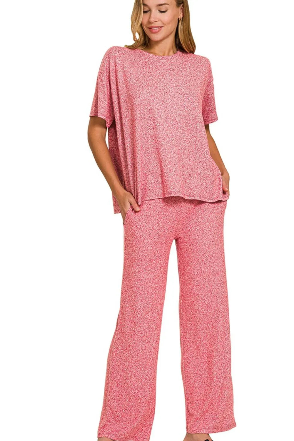 Dk Red Zenana Soft Melange Short Sleeve Tee Long Pants Set 3